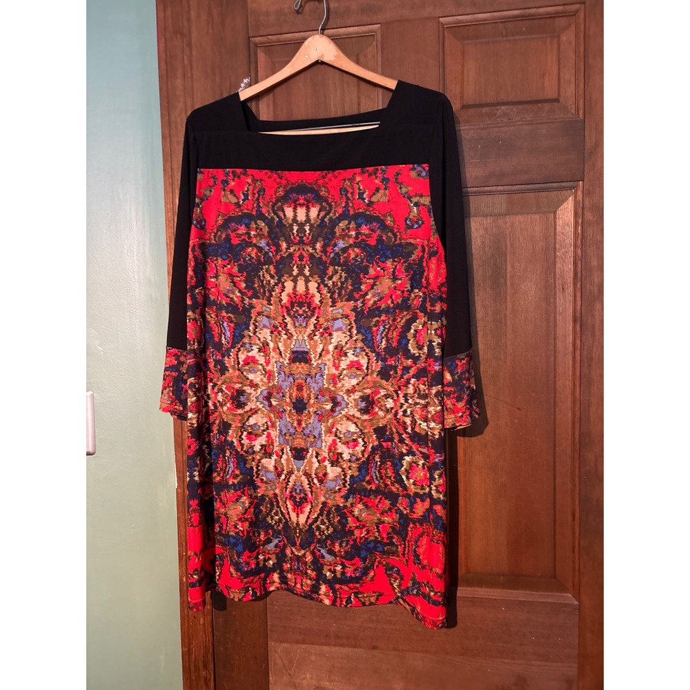 Sara Womens Plus Size 18 Shift Dress Black Red Kaleidoscope Paisley 3/4 Sleeve